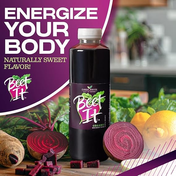 A 25.4 fl oz bottle of BEET IT Organic Beetroot Juice surrounded by fresh sliced beets and lemons for a naturally sweet flavor.