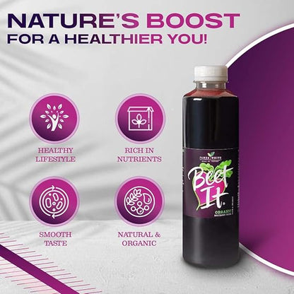 A BEET IT Organic Beetroot Juice 25.4 fl oz bottle with icons highlighting it is rich in nutrients, organic, and has a smooth taste.