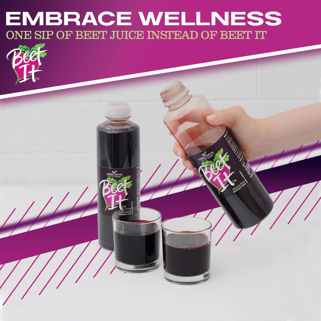 Close-up of Beet It Organic Beetroot Juice being poured from a 25.4oz bottle into small glasses for daily wellness.