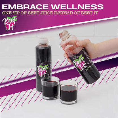 Close-up of Beet It Organic Beetroot Juice being poured from a 25.4oz bottle into small glasses for daily wellness.