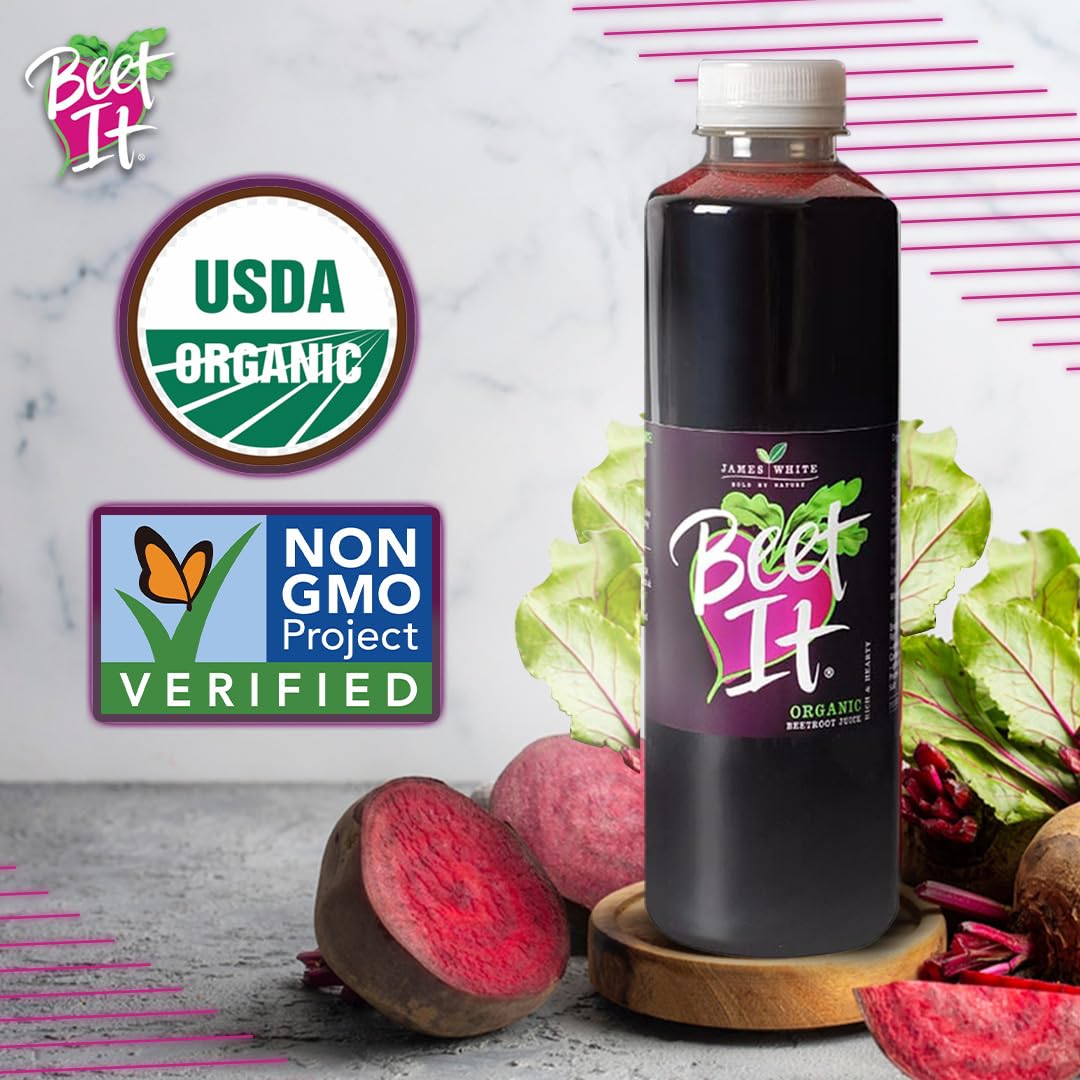 Beet It Organic Beetroot Juice bottle shown with USDA Organic and Non-GMO Project Verified seals on a marble background.