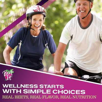 Active senior couple riding bicycles, representing the energy and wellness benefits of drinking Beet It organic juice.