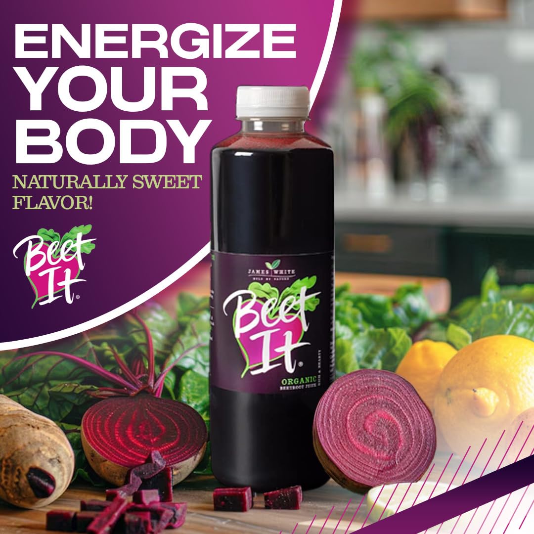 A bottle of Beet It Organic Beetroot Juice surrounded by sliced fresh beets and lemons to highlight its natural flavor.