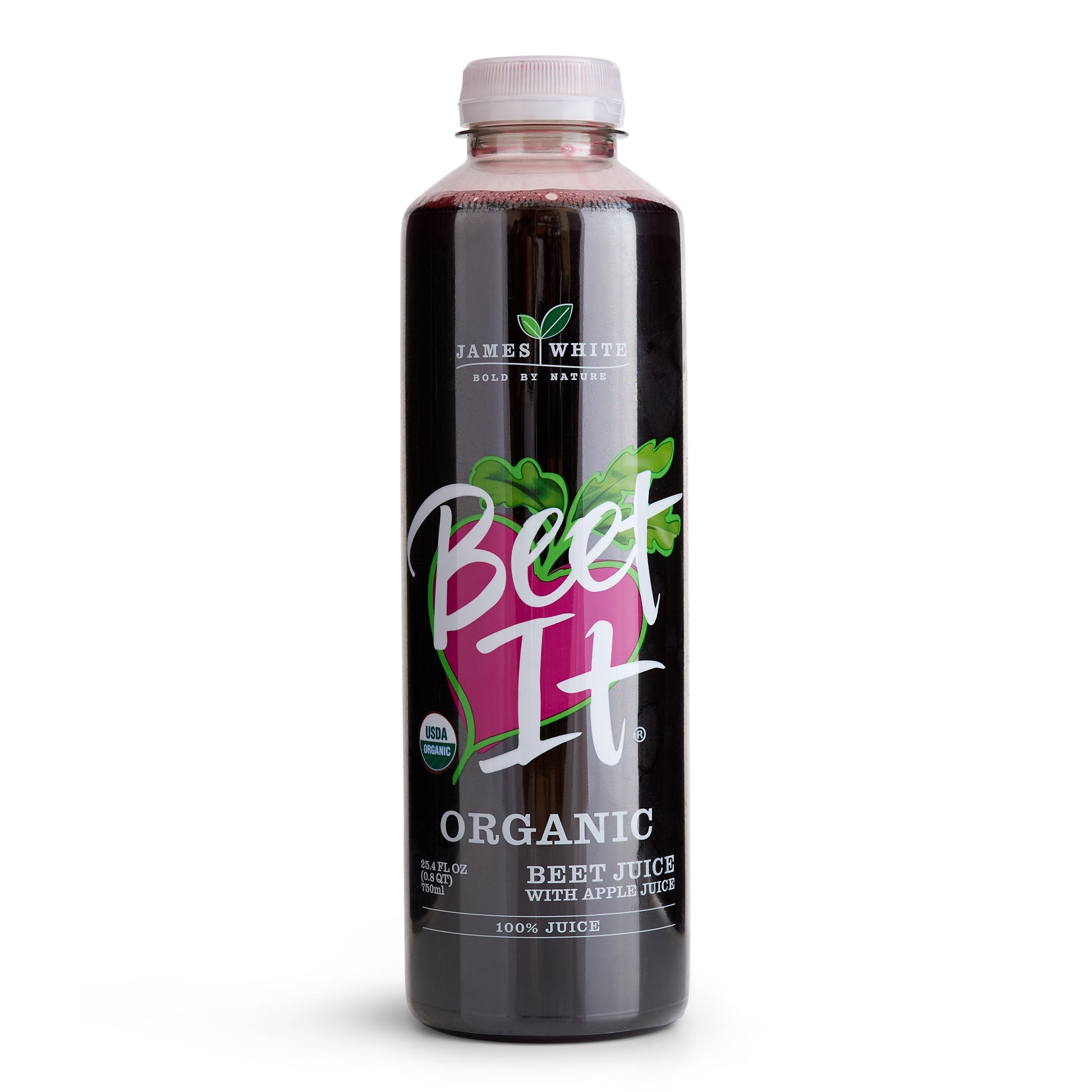 Studio shot of a single 25.4 fl oz (750ml) bottle of Beet It Organic Beetroot Juice with Apple Juice, 100% juice blend.