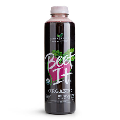 Studio shot of a single 25.4 fl oz (750ml) bottle of Beet It Organic Beetroot Juice with Apple Juice, 100% juice blend.